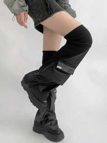 STAR RIVER Subculture Y2K Style Black Leather Patchwork Ribbed Hot Girl 3D Pocket Techwear Leg Warmers - Black - View 4