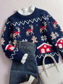 Girls Cute Christmas Reindeer Sweater Knit Pullover, Christmas Gift, Suitable For Christmas Party, Spring, Winter, Autumn - Navy Blue - View 1