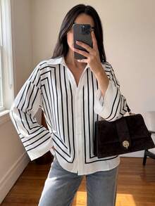 Women's Spring/Autumn Long Sleeve Top, Geometric Spiral Stripe Pattern, Commute Daily French Minimalist Style Casual Shirt - Multicolor - View 3
