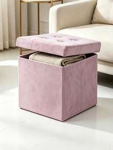 Velvet Folding Storage Ottoman Bench, Foldable Storage Footstool Cube, Button Tufted Footstool Seat Box, Multifunctional Collapsible Storage Chest For Living Room Bedroom Entryway, Space‑Saving Foot Rest Stool With Large Storage Capacity - Pink - View 5