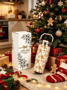 1pc/5pcs 30oz Stainless Steel Cup With Handle And Straw, Cute Christmas Gingerbread Man Candy Cane Snowflake Print, Leak-Proof Flip Lid, Suitable For Travel, Work, Fitness And Daily Outdoor Use - Beige-gingerbread Man - View 2