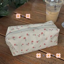 Cream Cherry Ditsy Floral Pencil Case, Large Capacity Makeup Bag, Minimalist Design - Single Piece - View 3