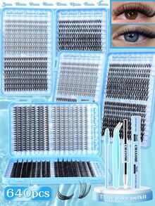 624/640pcs Mixed D Curl 10D-100D Black Synthetic False Eyelashes, Large Cartoon Style Packaging Box, Durable, Suitable For Daily, Party, Wedding And Holiday Makeup, Includes Glue, Tweezers, Brush, Portable Packaging, Suitable For Beginners - Multicolor - View 5