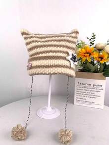 1pc Punk Gothic Y2K Cute Black & White Striped Cat Ear Knit Beanie, Women's Warm Crochet Demon Hat, Autumn/Winter - A - View 10