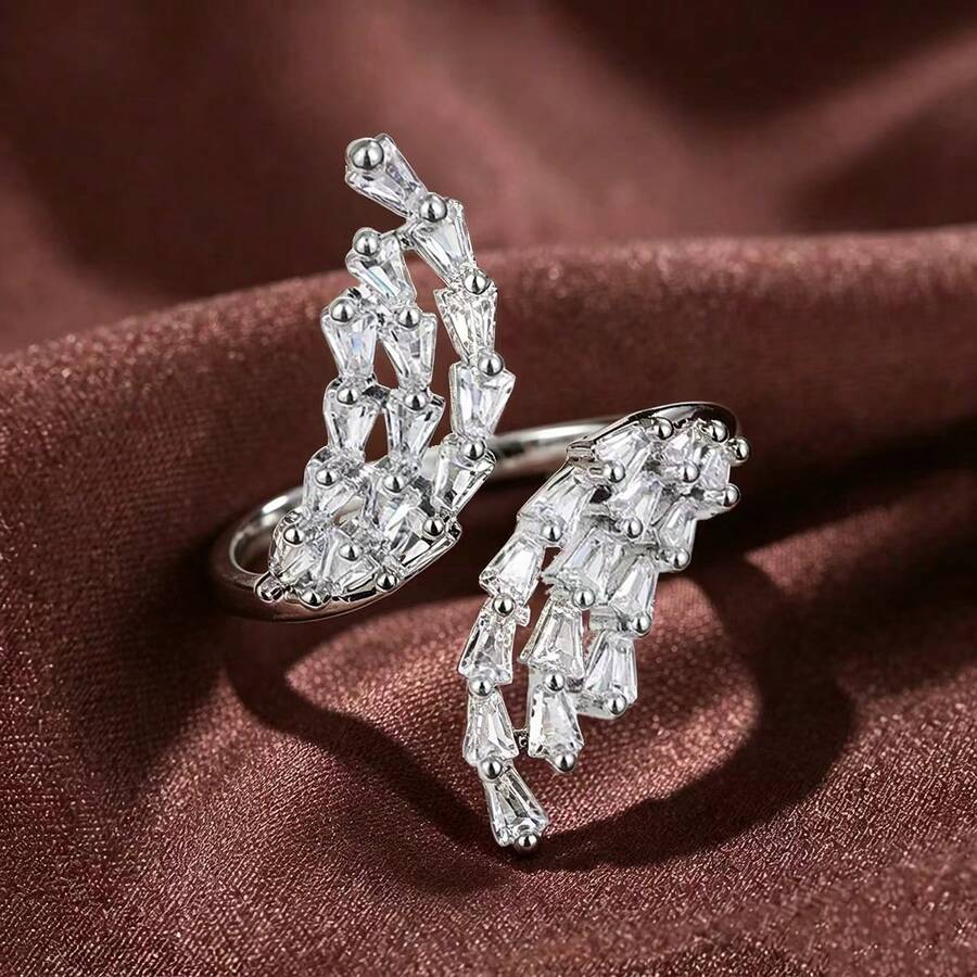 1pc Asymmetric Wheat Ear Shaped Design Cubic Zirconia Inlaid Adjustable Fashion Ring For Women - Multicolor - View 1