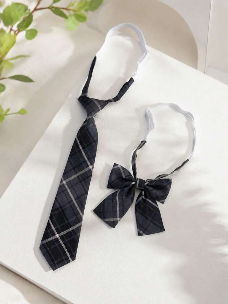1套格紋領結領帶套組,預綁式可調節JK制服領結,復古校園風女款襯衫配件 - 彩色 - 查看 1