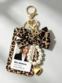 Leopard Print Bow Badge Lanyard, Pearl Heart Keychain Card Holder, Suitable For Women's Office And School Use, Ideal Gift For Back To School Or Back To Work - Multicolor - View 10