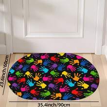 1pc Oval Flannel Doormat, Colorful Handprint Pattern, Soft, Absorbent, Non-Slip, Machine Washable With Backing, Suitable For Doorway, Living Room, Bedroom, Kitchen, Bathroom, Laundry Room, Patio, Holiday Decoration, Multi-Functional Floor Mat - Multicolor - View 13