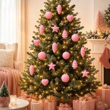 10Pcs Flocked Ornaments For Christmas Tree Holiday Hanging Decorations - Pink - View 2