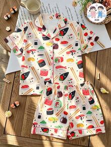 2pcs/Set Girls' Casual Sushi Print Polo Collar Short Sleeve Cardigan And Shorts Sleepwear Set, Flame Retardant, All Season - Apricot - View 1