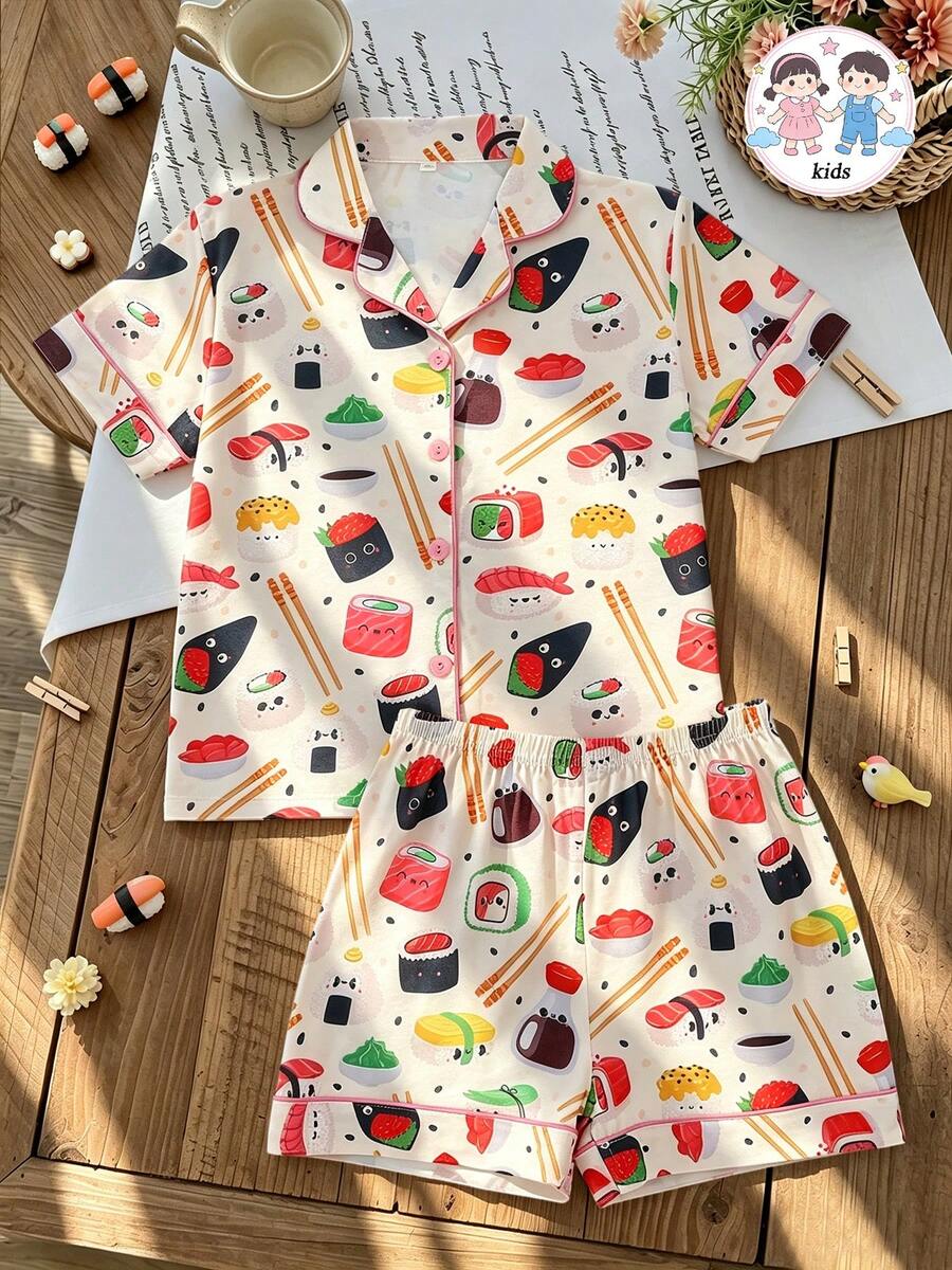 2pcs/Set Girls' Casual Sushi Print Polo Collar Short Sleeve Cardigan And Shorts Sleepwear Set, Flame Retardant, All Season - Apricot - View 1