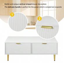 Modern White Coffee Table With Gold Accents, 2 Drawers, Vertical Stripe Design, 100*50*40cm, Living Room Coffee Table, Low Sofa Table - White + Gold - View 4