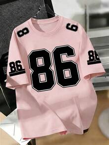 Men's Graphic T-Shirt, Number 86, Loose Fit, Comfortable, Suitable For Casual Wear, Sports, Campus Activities, Polyester Fiber, Durable And Quick-Drying - Pink - View 2