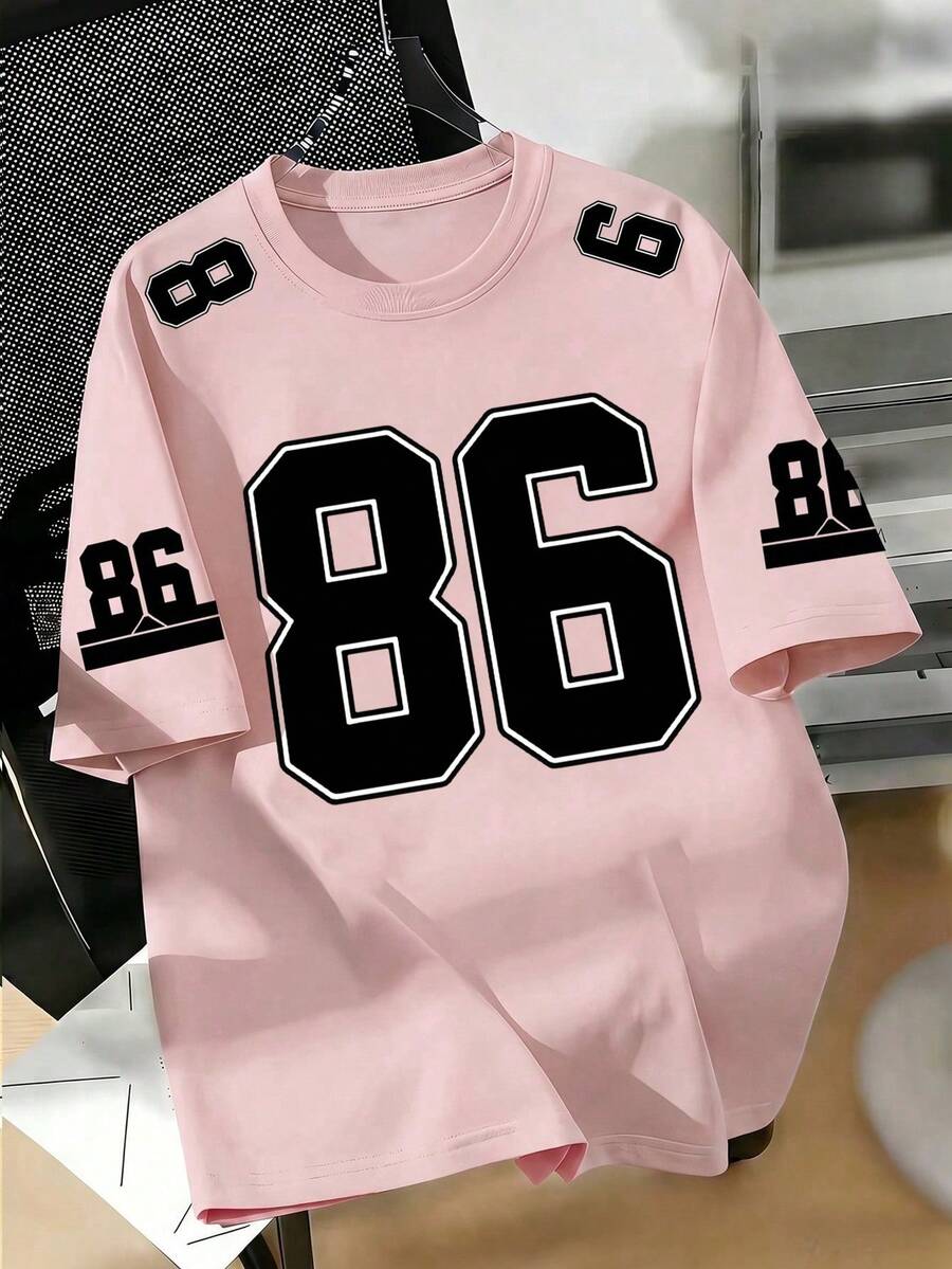 Men's Graphic T-Shirt, Number 86, Loose Fit, Comfortable, Suitable For Casual Wear, Sports, Campus Activities, Polyester Fiber, Durable And Quick-Drying