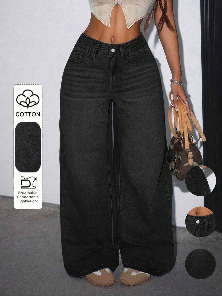 Women's Casual Loose Straight Leg Jeans With Pockets Black Fall - Black - View 1