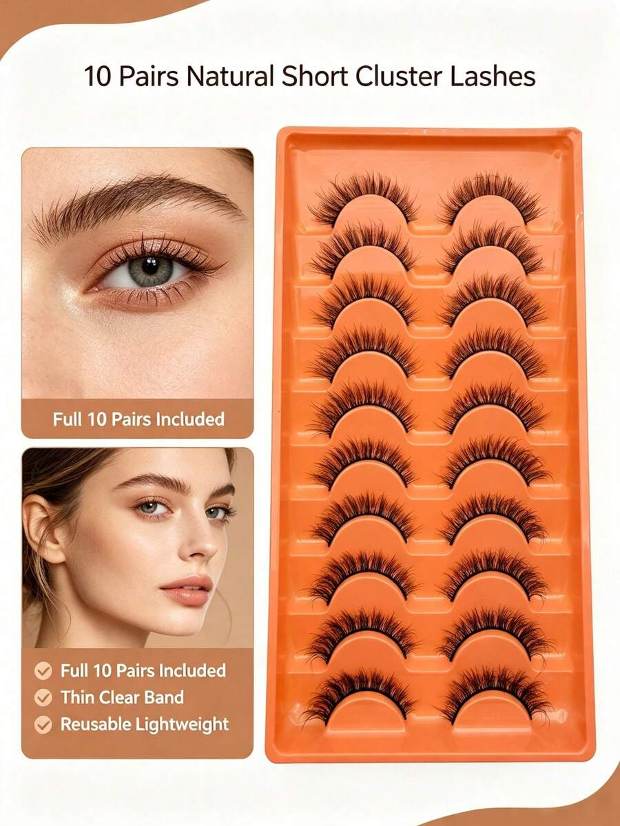 10 Pairs Natural Long Strip False Eyelashes, 3D Hand‑Crafted Cross Lashes With Soft Black Band, Reusable Light‑Weight Soft Curly Eyelashes For Daily Commute, Office & Party Makeup - View 1