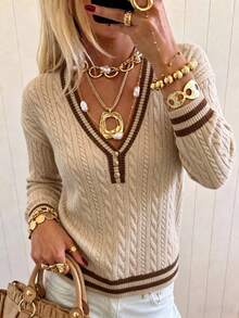 Elegant V-Neck Button Cable Knit Pullover Sweater, Fashionable Minimalist Contrast Color Casual Versatile Knit Top For Women - Khaki - View 3