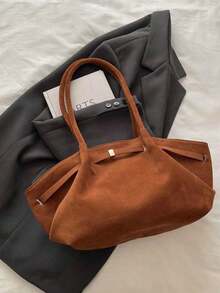 1pc Retro Women's Handbag, Casual, Stylish, Large Capacity, Versatile Underarm Shoulder Bag, New Commuter/Work Tote Bag, Solid Color, Buckle Closure, - Brown - View 8
