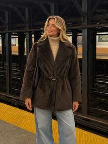 Lapel Tie Faux Fur Mid-Length Coat - Brown - View 4