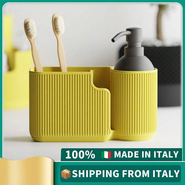 ORIZZONTE Moderner Badezimmer-Organizer mit Zahnbürstenhalter und Seifenspender – Badezimmerbehälter mit minimalistischem, vertikalem Streifendesign – Aufbewahrung für Waschbecken und Badezimmeraccessoires – 100 % Made in Italy, Versand aus Italien