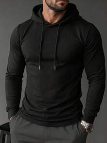 Men's Solid Color Drawstring Hooded Long Sleeve T-Shirt, Minimalist Basic Slim Fit Lightweight Hoodie T-Shirt Casual Top - Black - View 2