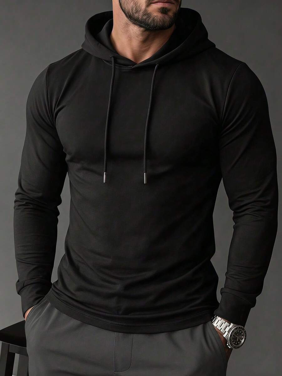 Men's Solid Color Drawstring Hooded Long Sleeve T-Shirt, Minimalist Basic Slim Fit Lightweight Hoodie T-Shirt Casual Top