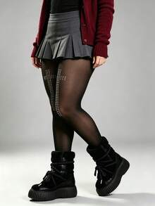 1 Pair Plus Size Women Gothic Y2K Rivet Rhinestone Cross Ultra Sheer Pantyhose, American Vintage Y2K Subculture, High Waist High Elastic Semi-Sheer Tights, Dark Punk Style, Nightclub Streetwear Base Layer Slim Fit Black Leggings, Women's, Rock Punk Style - Black-cross - View 4