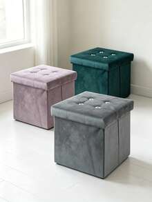 Velvet Folding Storage Ottoman Bench, Foldable Storage Footstool Cube, Button Tufted Footstool Seat Box, Multifunctional Collapsible Storage Chest For Living Room Bedroom Entryway, Space‑Saving Foot Rest Stool With Large Storage Capacity - Pink - View 8