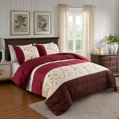 Home Decor Ultra Soft Luxury Fluffy Goose Down Alternative Bedding Printed Comforter Set, Modern Burgundy Cosmos Floral Pattern