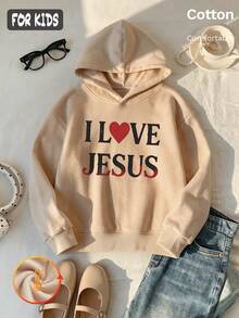 هودي خريفي للبنات بطراز Y2K مع طباعة I LOVE JESUS وتصميم قلب أحمر، بلوزة قطنية بيضاء بأكمام طويلة - لون مشمشي - مشاهدة 2
