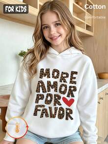 هودي خريفي للبنات بأسلوب Y2K مع رسمة قلب أحمر بنمط نمر وطباعة More Amor Por Favor، بلوزة طويلة الأكمام - أبيض - مشاهدة 1