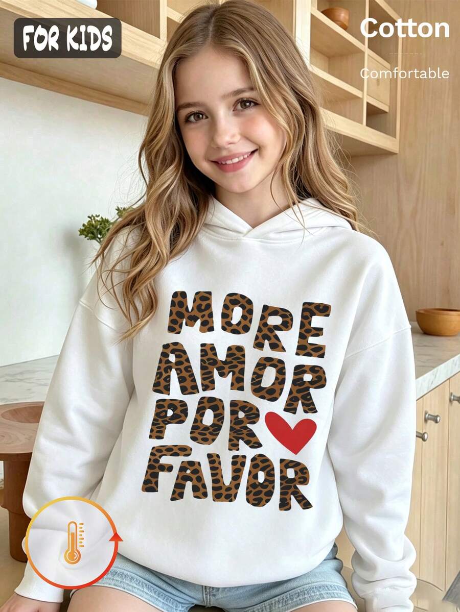 هودي خريفي للبنات بأسلوب Y2K مع رسمة قلب أحمر بنمط نمر وطباعة More Amor Por Favor، بلوزة طويلة الأكمام - أبيض - مشاهدة 1