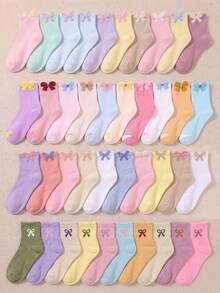 20 Pairs Girls Cute Bow Ribbed Mid-Calf Socks, Breathable Comfortable Soft, All Season Wear, Casual School Daily Wear, Suitable For Toddlers Children Teenagers 1-16 Years Old, Random Assortment - Multicolor - View 9