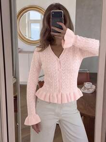 Women's Autumn/Winter Party & Outing Set, Pink Knit Hollow Design Long Sleeve Top, Casual Style - Pink - View 8