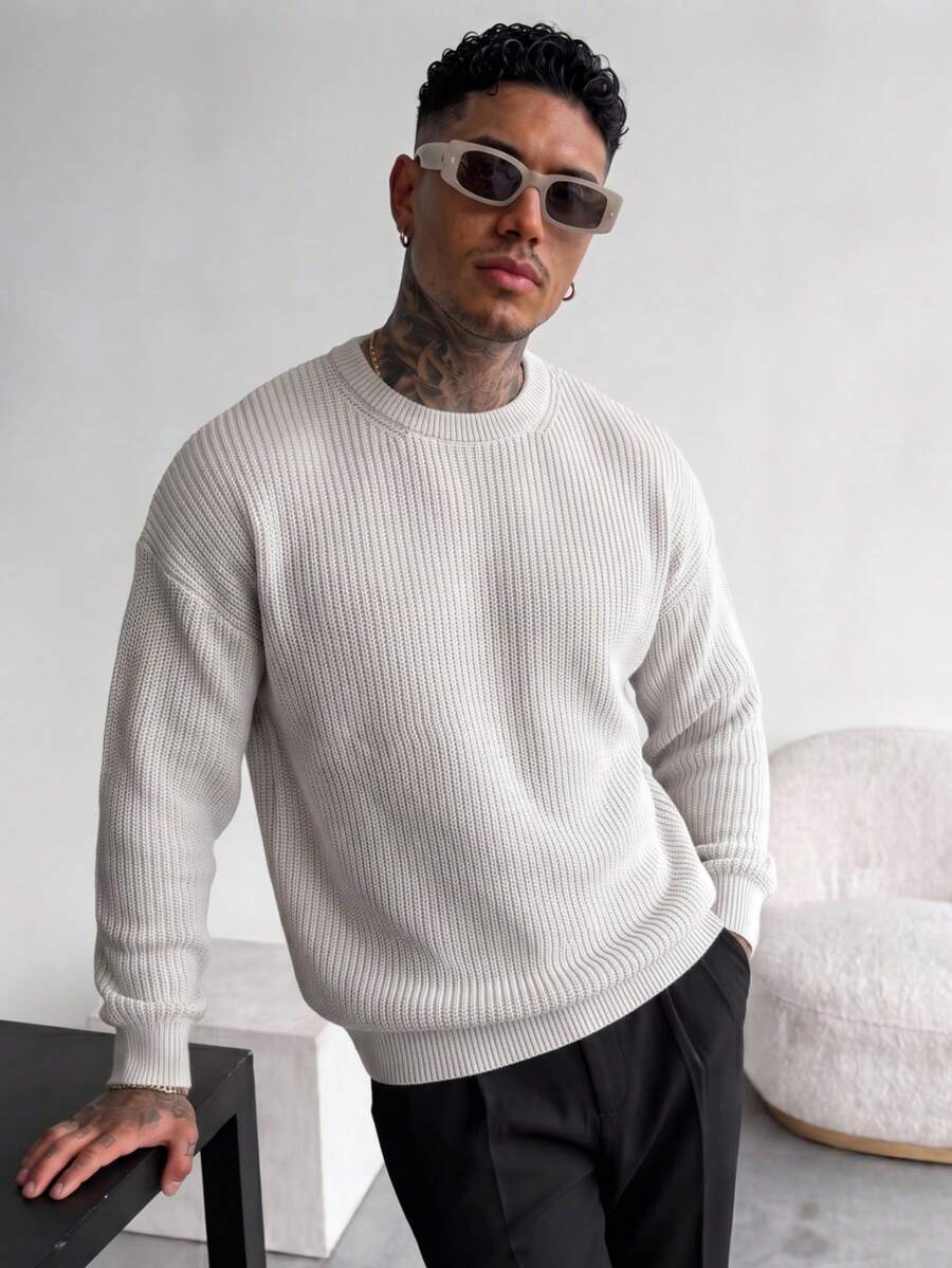 Men's Autumn/Winter Basic Solid Color Casual Fitted Lightweight Sheer Polyester Pique Texture Niche Design Long Sleeve Drop Shoulder Crew Neck Pullover Sweater - Beige - View 1