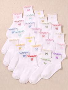 5/10/20 Pairs Random White Girls Butterfly Embroidery Bow Ruffle Socks, Back To School Season Big Girls Autumn Socks, Daily Wear, Halloween, Christmas - Multicolor - View 1