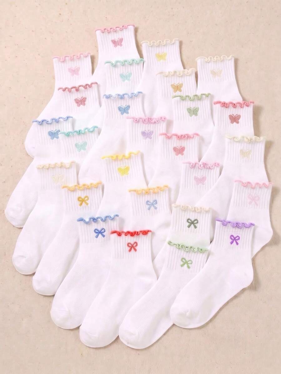 5/10/20 Pairs Random White Girls Butterfly Embroidery Bow Ruffle Socks, Back To School Season Big Girls Autumn Socks, Daily Wear, Halloween, Christmas - Multicolor - View 1