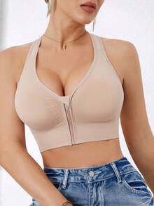 Sujetador deportivo sin costuras y con cremallera frontal de alta intensidad para mujer, adecuado para primavera, verano, otoño e invierno - Champán - Ver 8