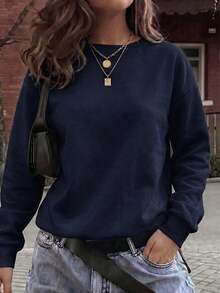 GLAMSKIN Women Color‑Block Striped Crew Neck Long Sleeve T‑Shirt,Simple Loose Fit Fall Basic Tee For Daily Wear&Office Commute - Navy - View 3
