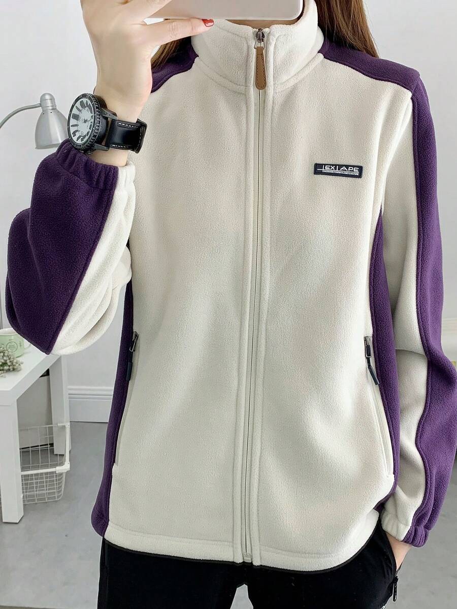 Women's Autumn/Winter Colorblock 330g Fleece Jacket, Stand Collar Zip-Up Jacket With Zipper Pockets Sports White - White - View 1