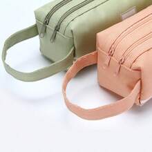 1 pièce Trousse à crayons en tissu Oxford de couleur unie avec double fermeture éclair, grande capacité, créative, simple, portable, logo personnalisé, trousse à crayons de papeterie pour garçons, filles, étudiants, école, rentrée scolaire, esthétique Ins - 1 pièce - Voir 4