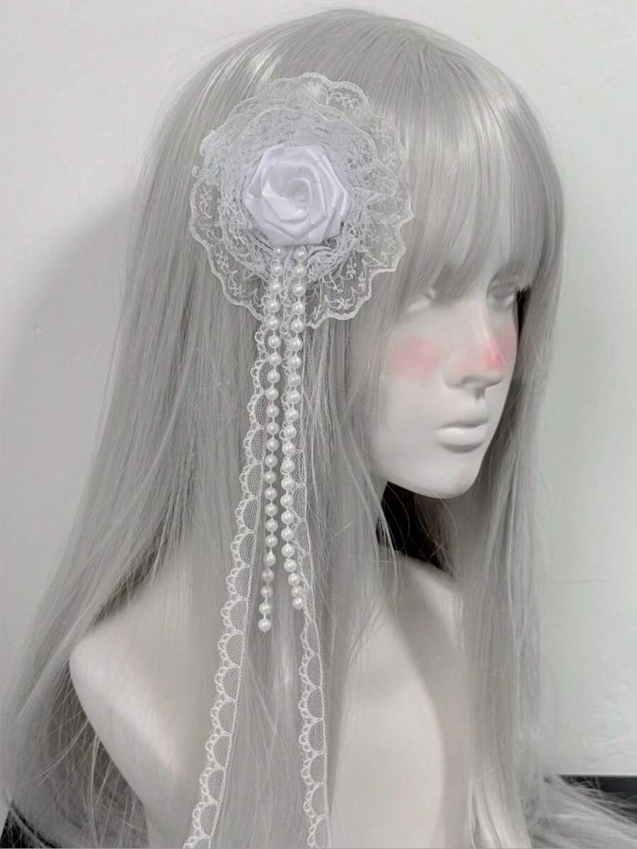1件白色蕾絲髮箍配粉色蝴蝶結與緞帶,蘿莉塔風時尚 Cosplay 女款髮飾 - 白色 - 查看 1