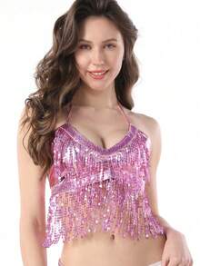 Sequin Fringe Top, Belly Dance Costume, Sequin Backless Singer Street Style Bar Outfit - Multicolor - View 3