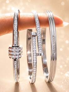 3Pcs Women Silver Stackable Bangle Set, Stainless‑Steel Multi‑Style With Rhinestone & Bamboo Design, Hypoallergenic Jewelry For Daily & Party Gift. - Silver - View 2