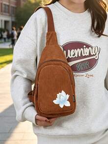Embroidered Lotus Pattern Crossbody Bag, Unique Printed Corduroy Crossbody Bag, Adjustable Shoulder Strap, Perfect For School, Travel And Leisure - Multicolor - View 7