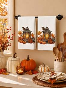 2pcs/4pcs Autumn Thanksgiving Kitchen Towels, Vintage Lantern Bird Pumpkin Maple Leaf Print, Harvest Home Decor Hand Towels - Multicolor - View 2