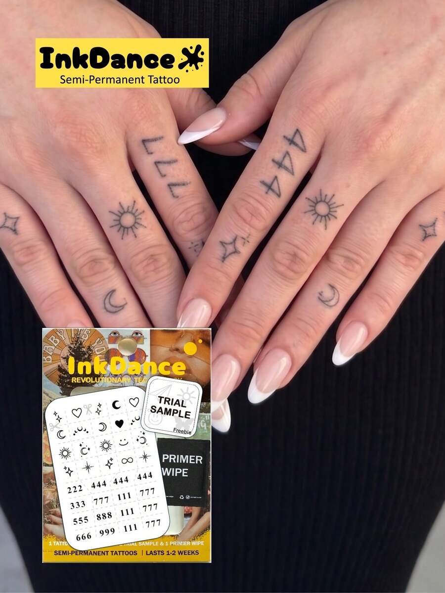 1 Kit "Sun, Moon, Stars" New Technology Tattoo Sticker, Semi-Permanent, Angel Numbers And Celestial Symbols, Minimalist, Fine-Line, Temporary Tattoo, Fake Tattoo, Waterproof & Long-Lasting Realistic Design, Plant-Based Formula, Ink Dance, X152 - Black - View 1