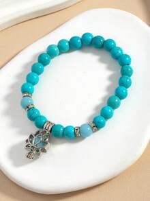 1pc Vintage Round Bead Turquoise Glowing Bracelet, Flower Elastic Bangle, Handmade Beaded Jewelry - Blue - View 4