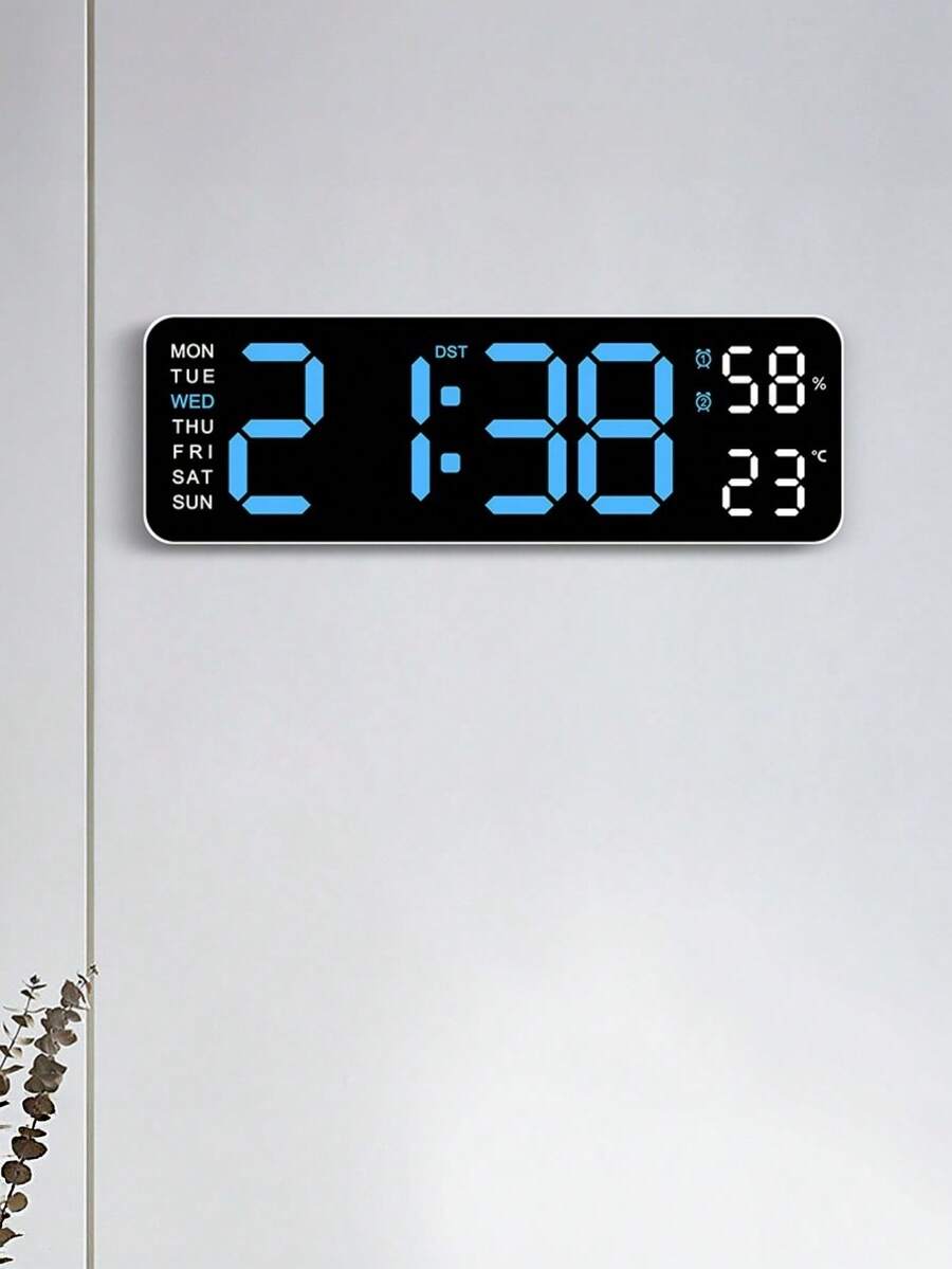 USB Powered 9 Inch Large Digital Wall Clock Temperature Humidity Week Display 4 Level Manual Brightness Adjustment Auto Dimmable Snooze Table Clock 12/24H Electronic LED Alarm Clock ---Without Battery And Plug