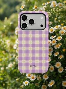GIIPPA 1pc Cream Yellow Base With Light Purple Plaid Pattern Design, Phone 17 Pro Max Phone Case, Compatible With Phone 16 Pro Max, 15 Pro Max, 14 Pro Max, Korean-Style High-End Fashionable And Fun Phone Case, Compatible With 11/12/13/14/15/16 Pro Max Plus, Elegant Design Suitable For Men And Women, Perfect Gift For Girlfriend On Christmas, Valentine's Day, Easter, Wedding Season And Birthday! - Mauve Purple - View 9